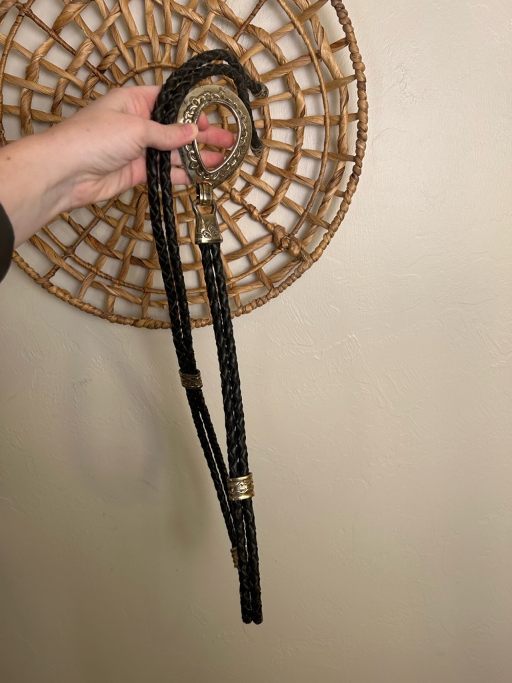 Braided Black Leather Bolo Tie with Gold-Tone Hardware